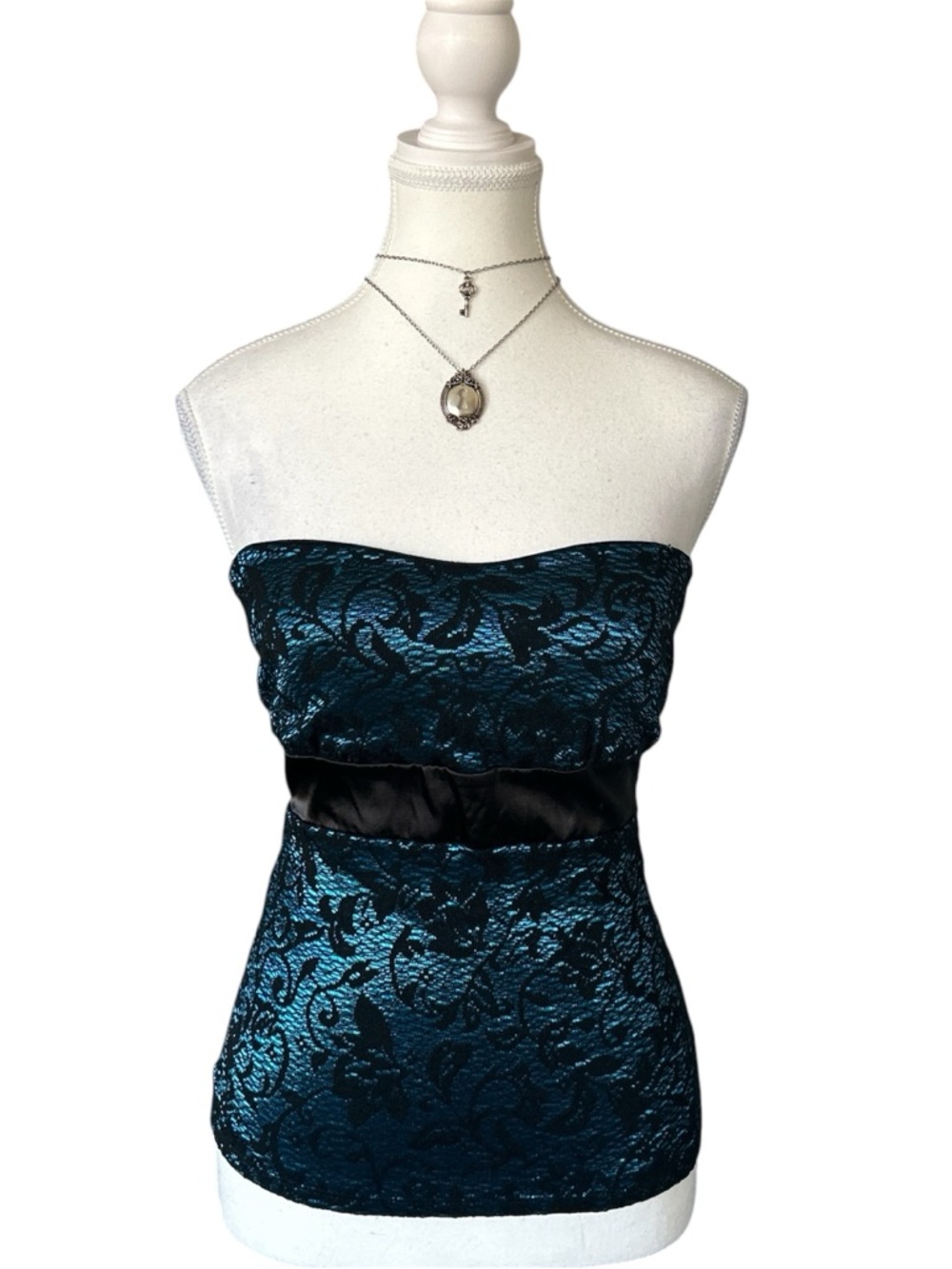 Y2K “Le Chateau” Blue and Black Lace Tube Top with Bow Detailing